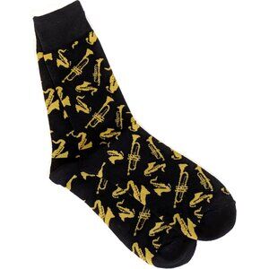 Men's Brass Jazz Music Instrument Crew Socks sz 10-13 Black/Gold Sax Trumpet NWT
